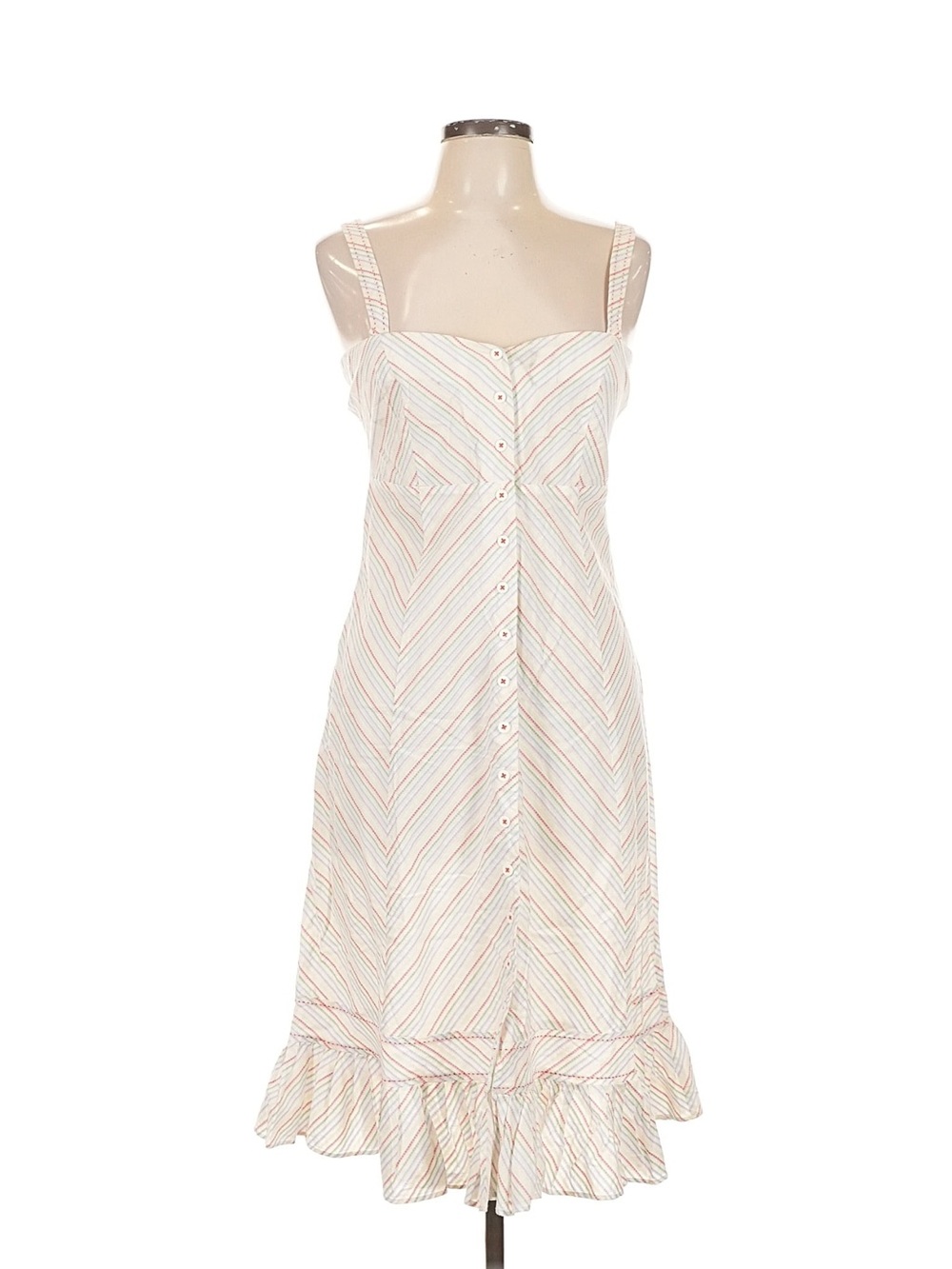 Odille Anthropologie Candy Stripe Chevron Midi Dress sz10 Buttonfront Ruffle Hem
